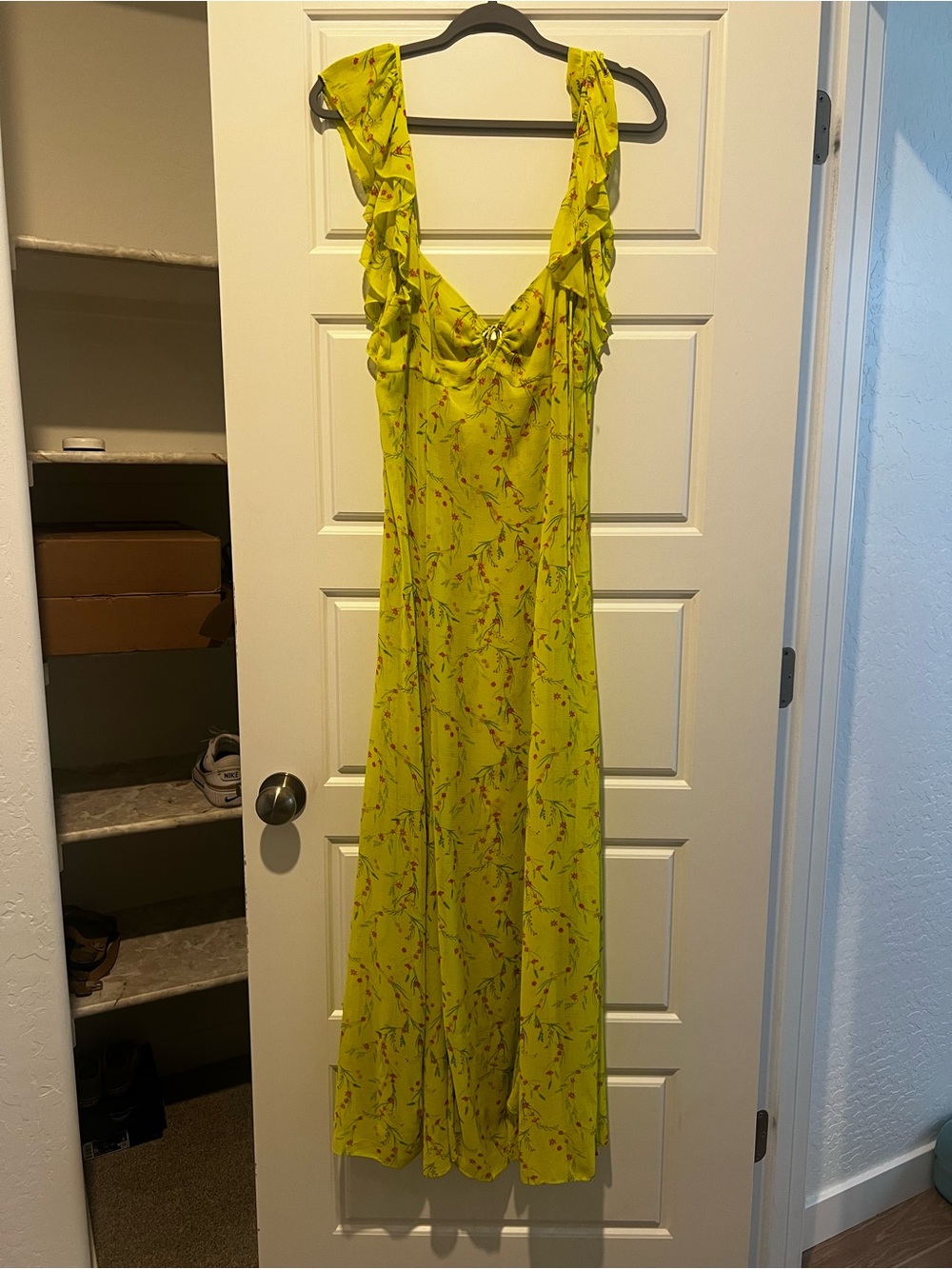 Free People Yellow/ Green Floral Ruffle-Shoulder Maxi Dress